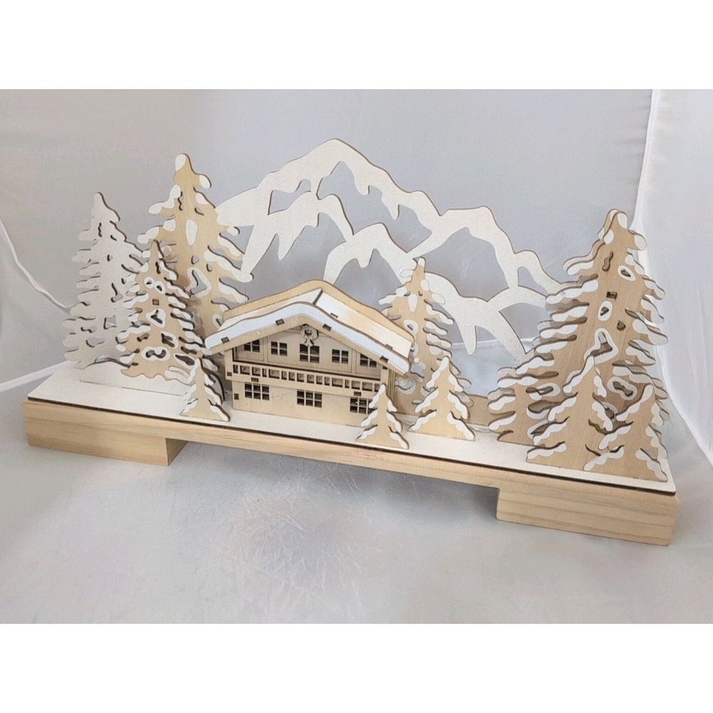 World Market Laser‎ Cut Wood Mountain Chalet LED Christmas Light Up Decor
